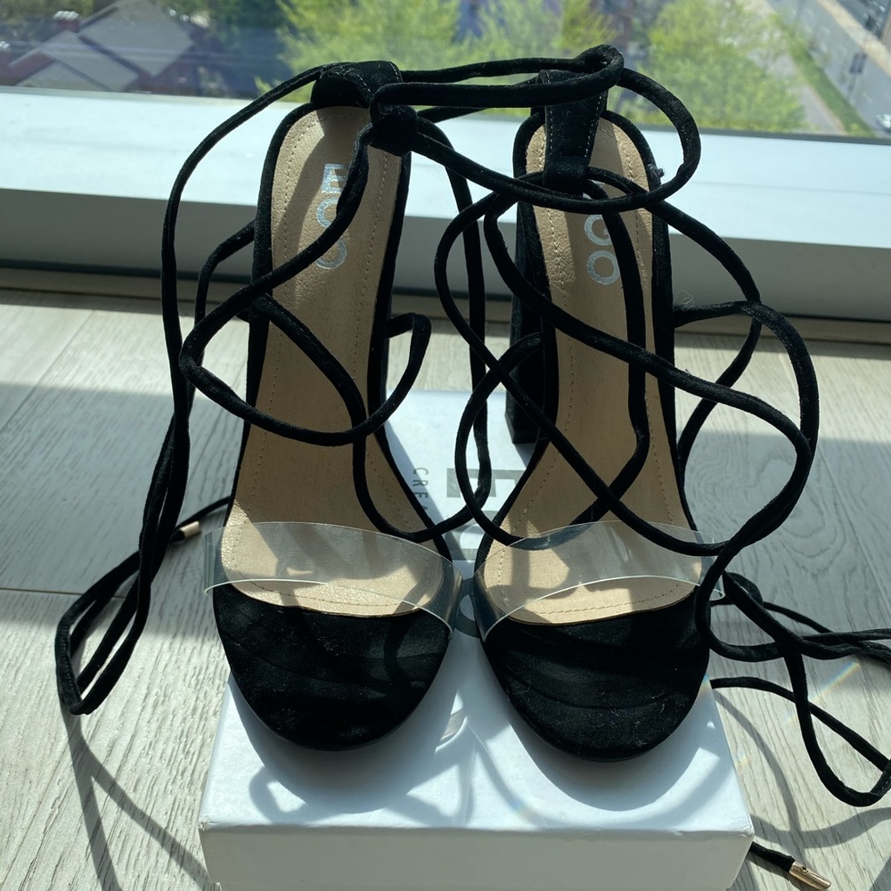 EGO black lace suede heeled sandals BRAND NEW